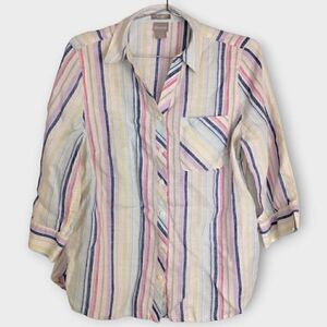 Chicos Womens Top Sz 8 Linen Stripes 3/4 Sleeves Button Front Pocket Casual